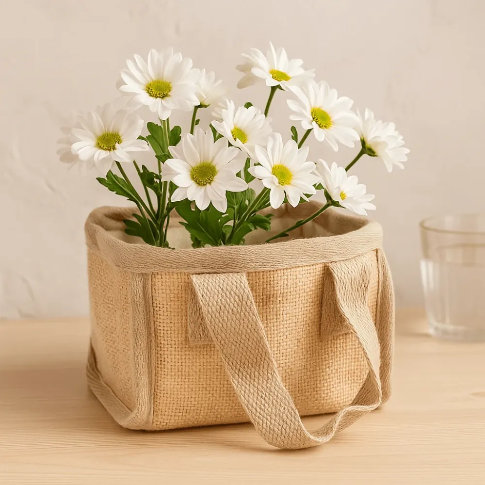 Handlekurv naturlig jute bomull 16x10x12 cm