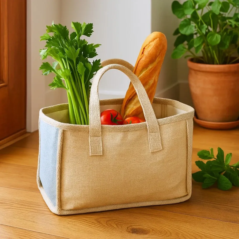 Handlekurv Teal Jute Bomull 33x18x20cm