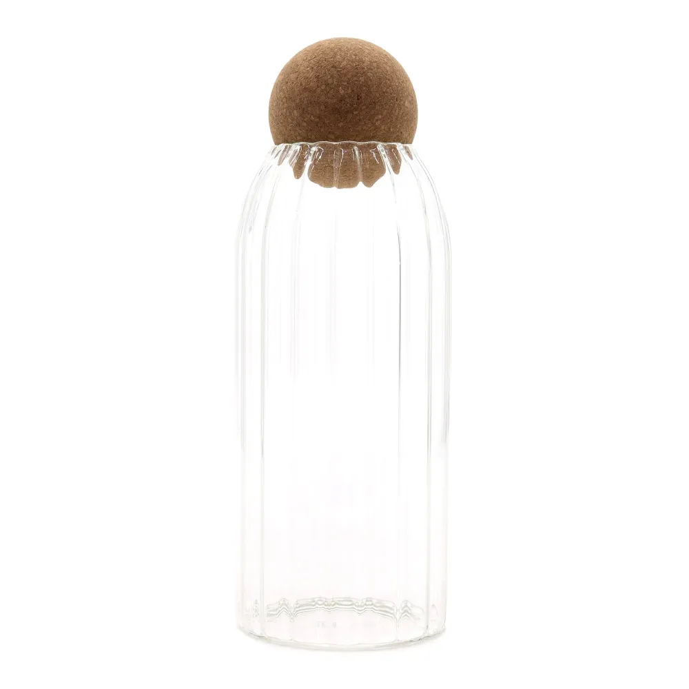 Glasskrukke med riller 20cm med korklokk i kuleform
