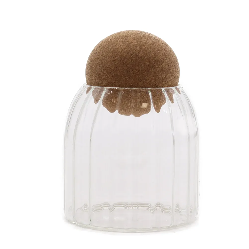 Glasskrukke med riller og korklokk med kule 10cm