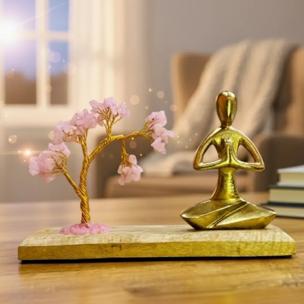 Rosenkvarts bonsaitre Namaste-figur 100 chips