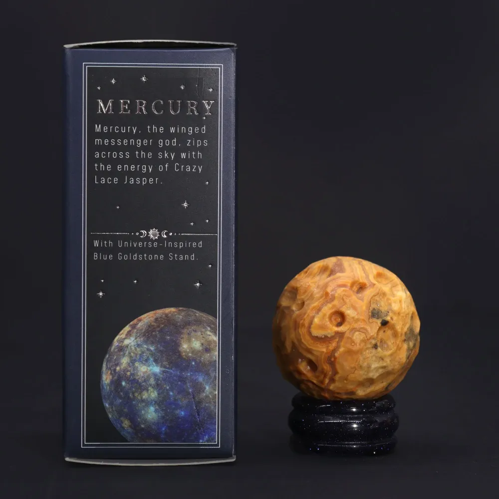 Crazy Lace Jaspis Kule med Goldstone Stativ – Mercury