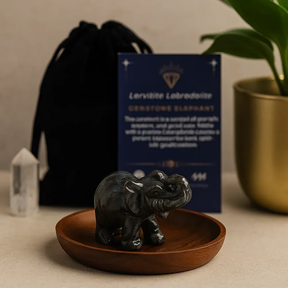 Labradoritt Larvikitt Elefantfigur 50x35x25mm