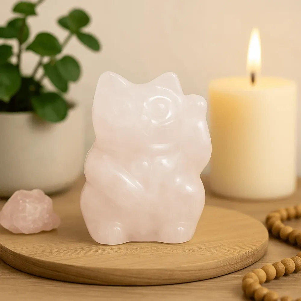 Rosenkvarts Lykke Katt Figur 50x35x25mm