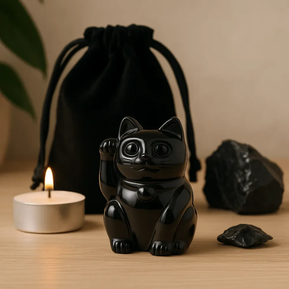 Svart Obsidian Lykke Katt Figur, 50x35x25mm