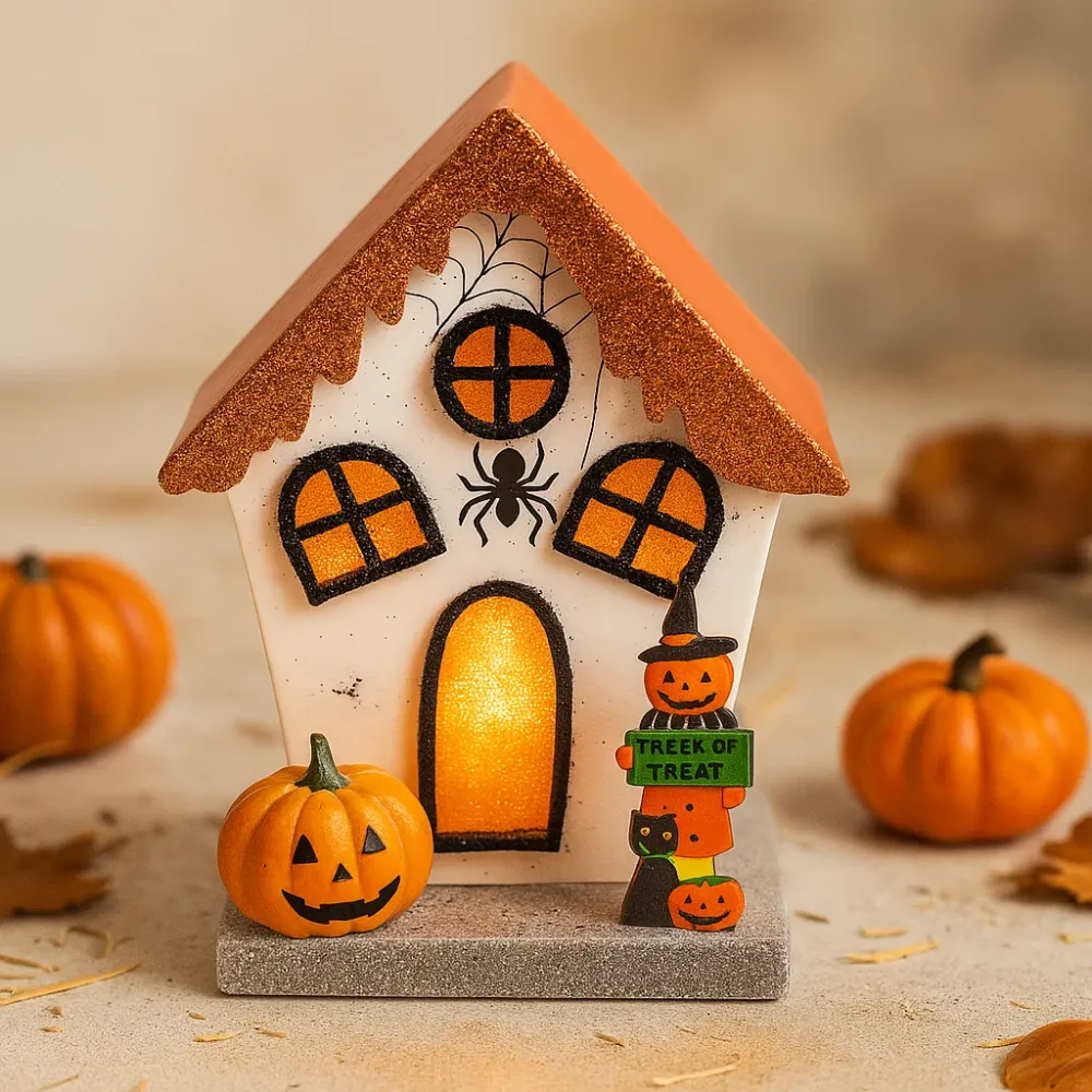 Halloween LED-dekorasjon edderkopp gresskar hus glitter