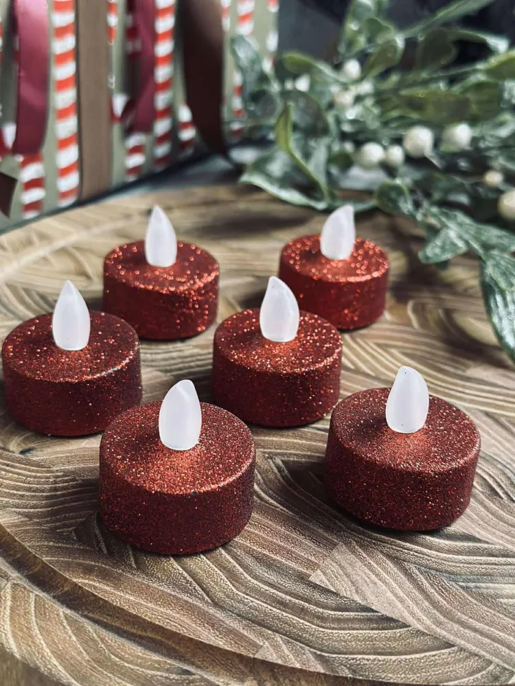 Telys med LED - Rød glitter 6 stk.