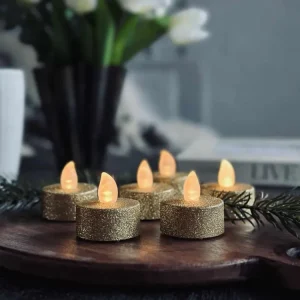 Telys med LED - Gullglitter 6 stk.