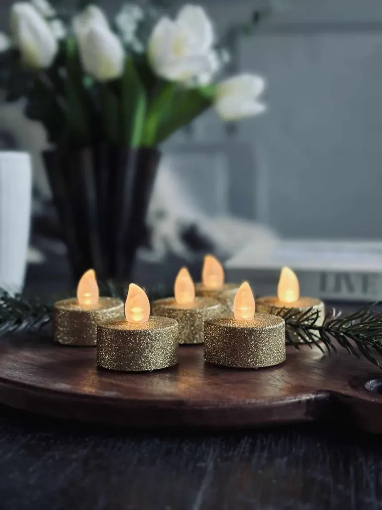 Telys med LED - Gullglitter 6 stk.