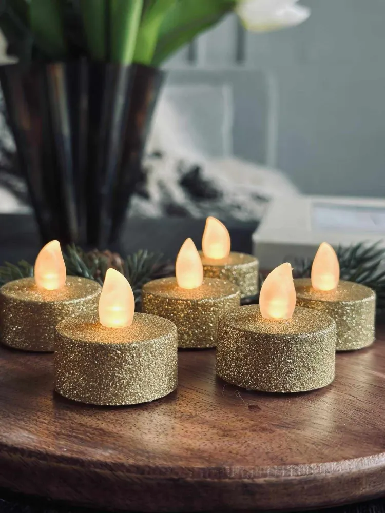 Telys med LED - Gullglitter 6 stk.