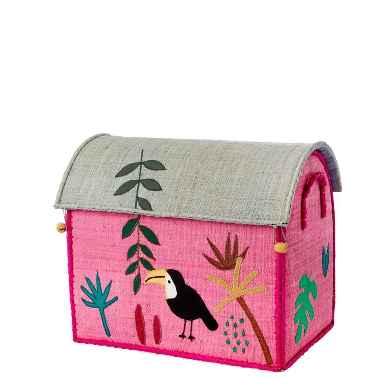 RICE Raffia Oppbevaringshus - Jungledyr - Rosa - Liten