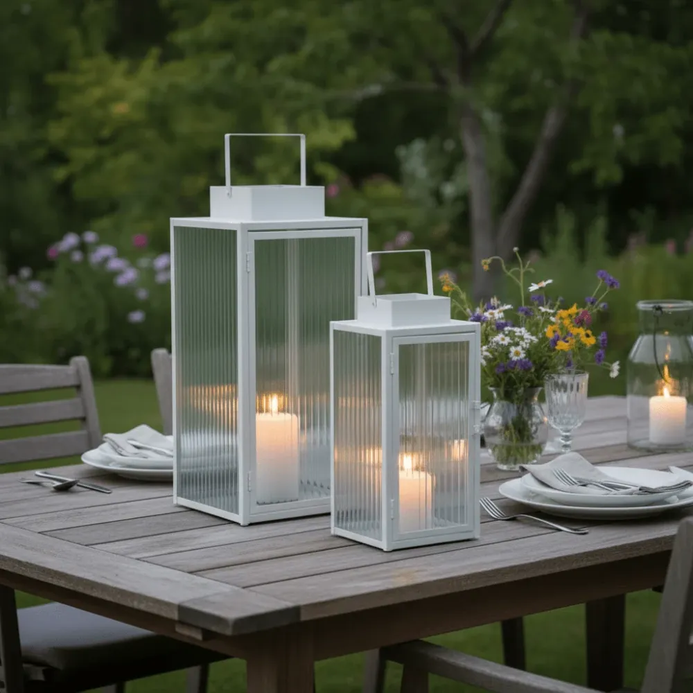 2-pk Lykt hvit metall stripet glass