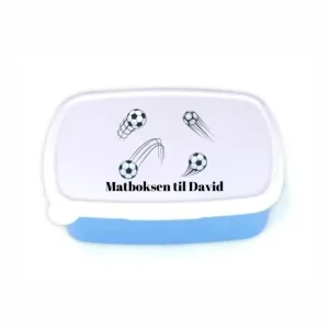 Blå matboks med eget navn - velg ditt fotballmotiv