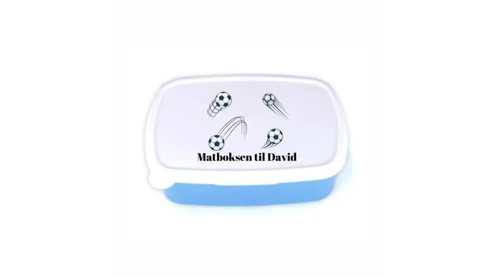 Blå matboks med eget navn - velg ditt fotballmotiv