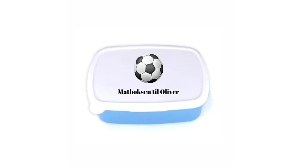 Blå matboks med eget navn - velg ditt fotballmotiv