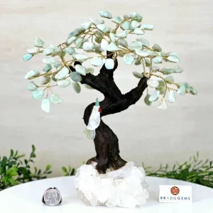 NEW / 25cm Tall Handmade Brazilian Amazonite Quartz Gemstone Tree, Quartz Base Crystal Parrot Bird - 120 Crystals