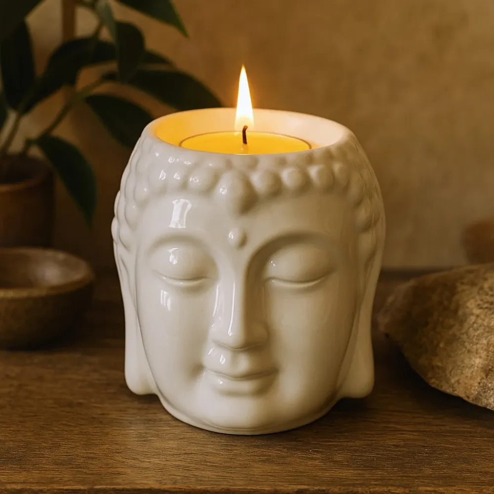 Buddha-hode telys oljebrenner, hvit keramikk