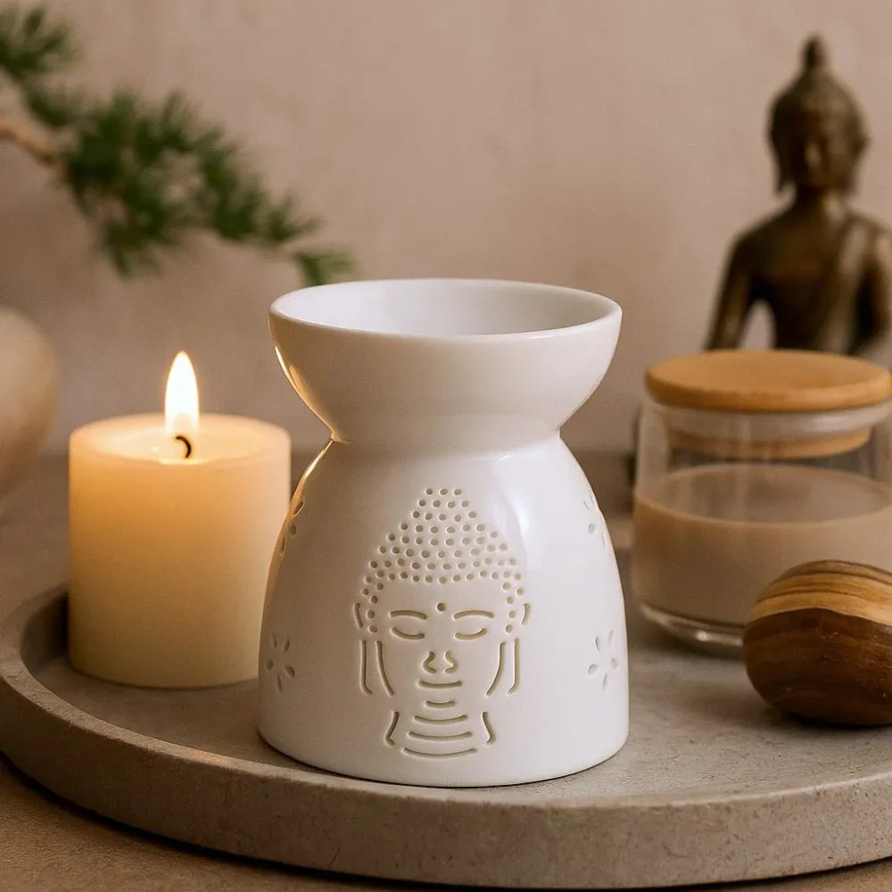Oljebrenner Buddha Utskåret Hvit