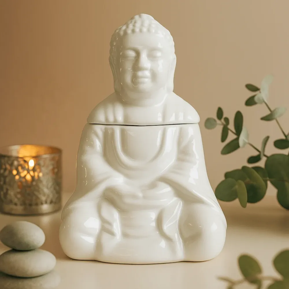 Sittende Buddha telys oljebrenner – hvit