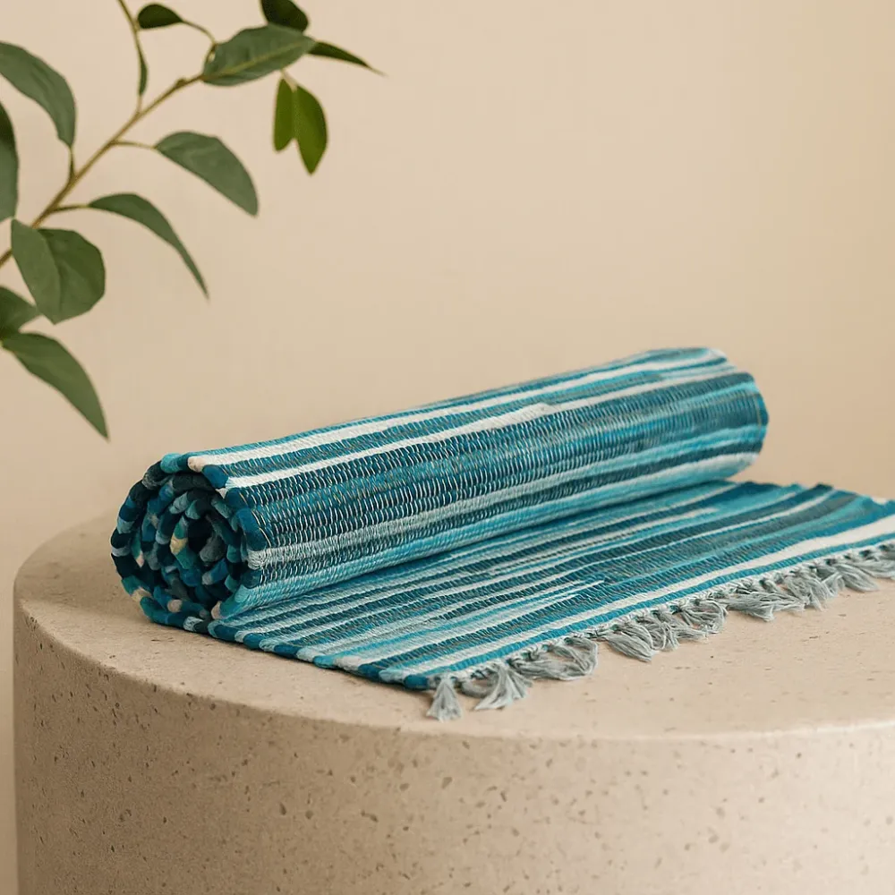 Raggete teppe stor 150x90cm – Aqua blå
