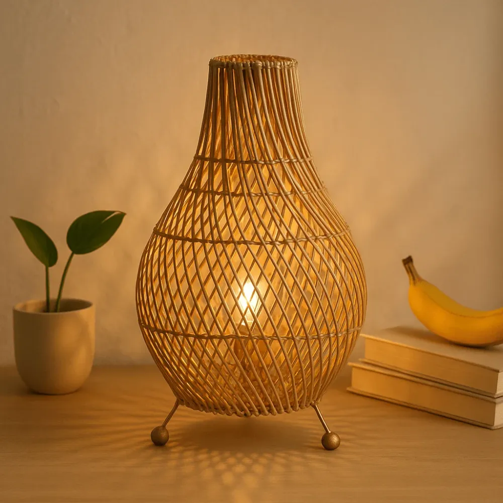 Rattan bordlampe med naturlig lyspære inkludert
