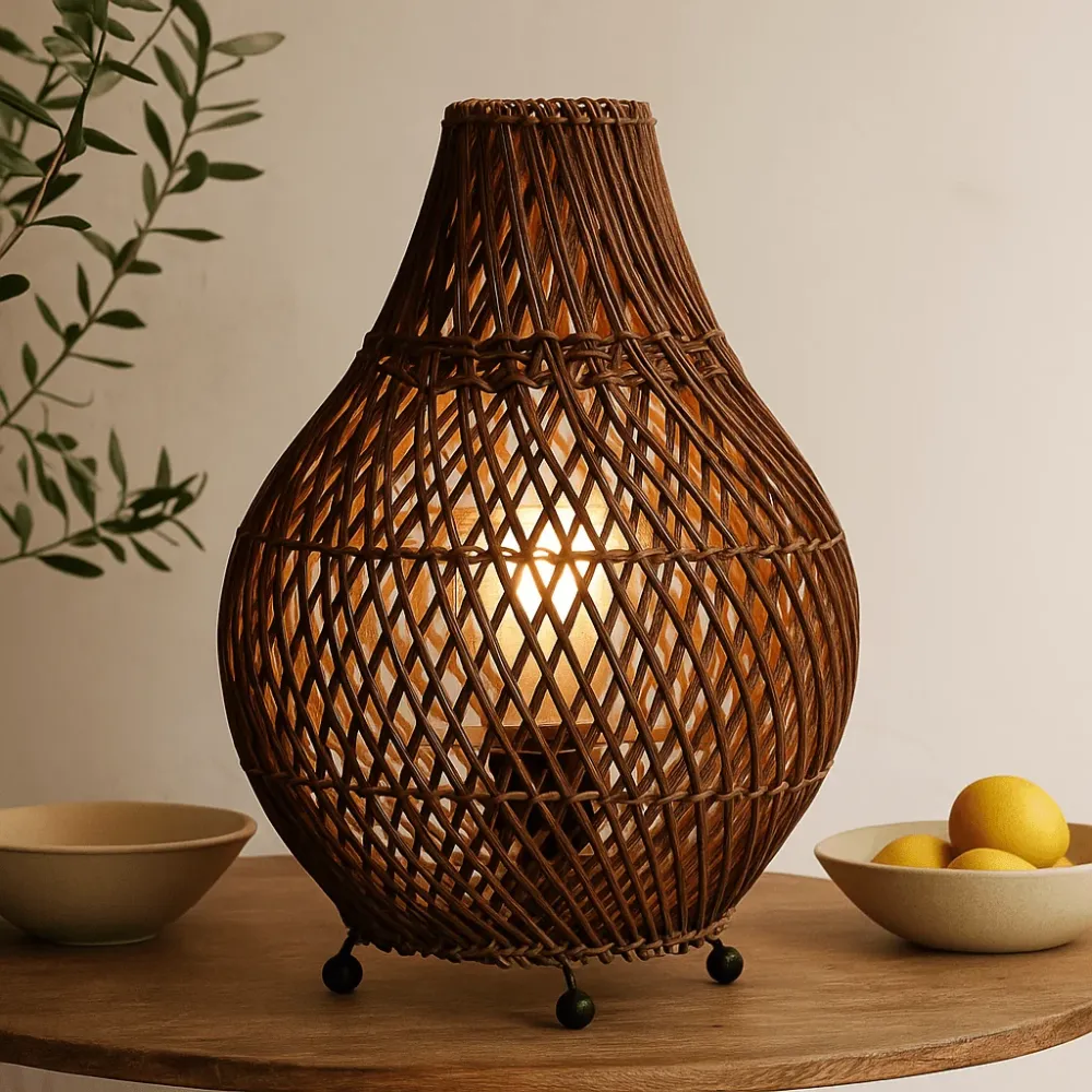 Rattan bordlampe med UK-plugg mørk brun