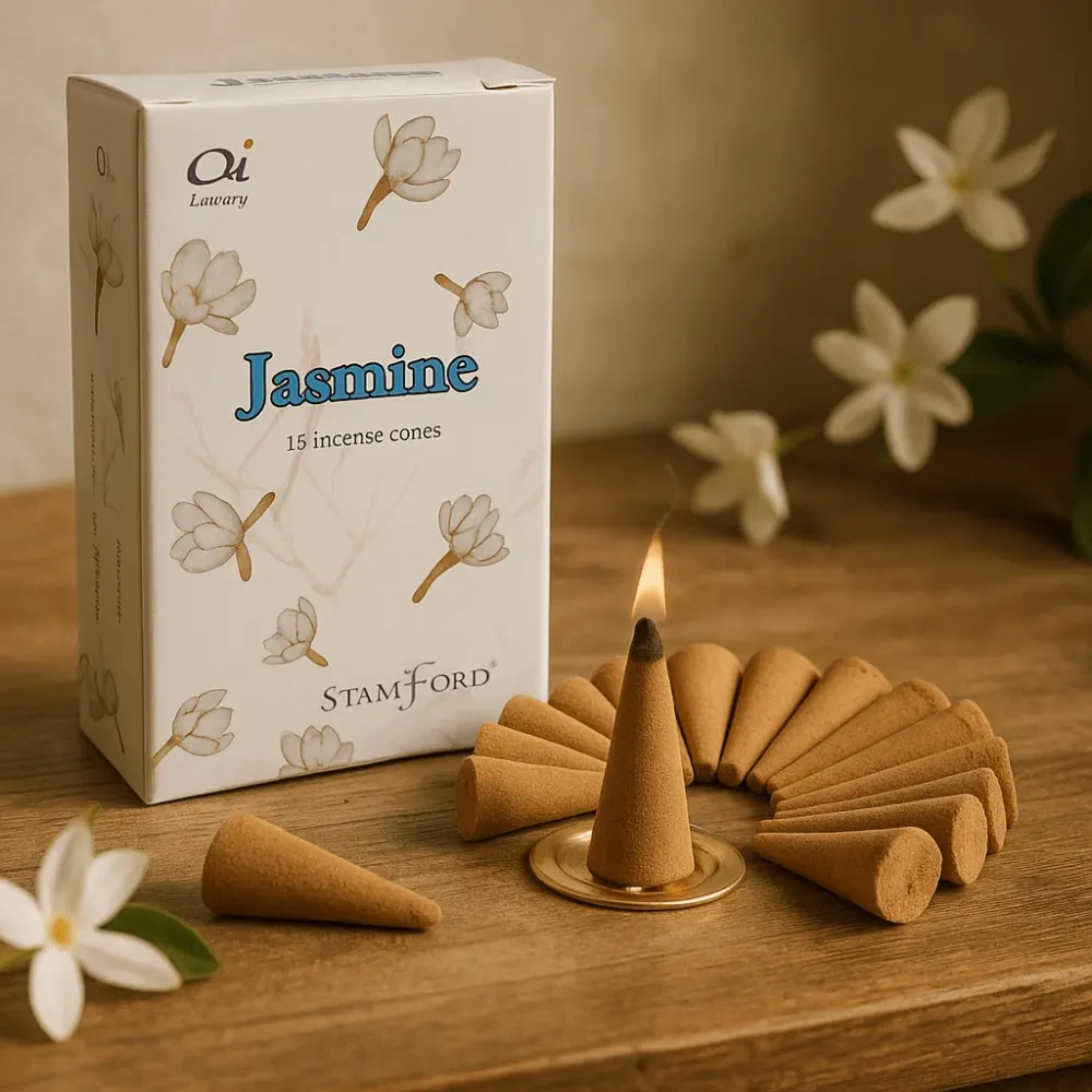 Jasmin røkelseskjegler, 15 pakke med metallholder