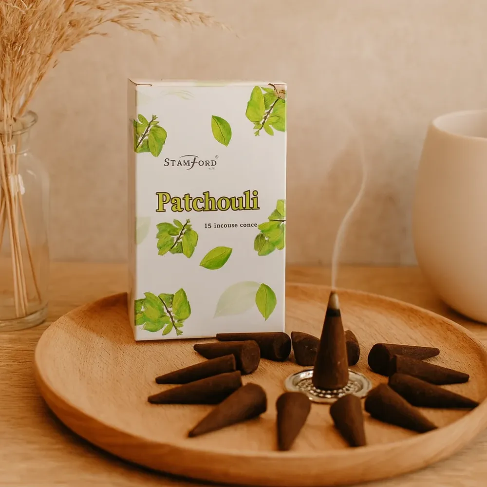 Patchouli røkelseskjegler pakke med 15 med holder