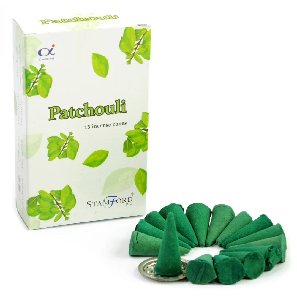 Patchouli røkelseskjegler pakke med 15 med holder