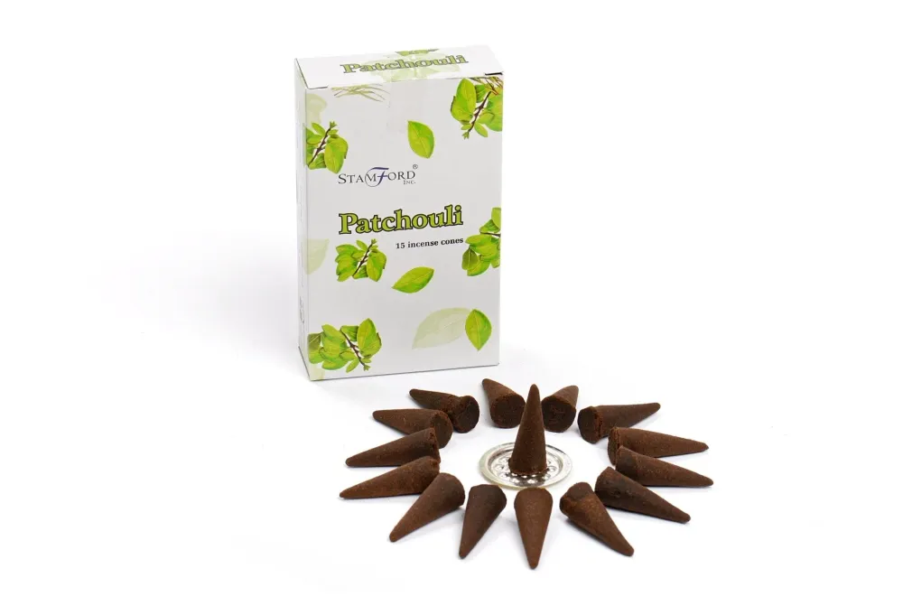 Patchouli røkelseskjegler pakke med 15 med holder