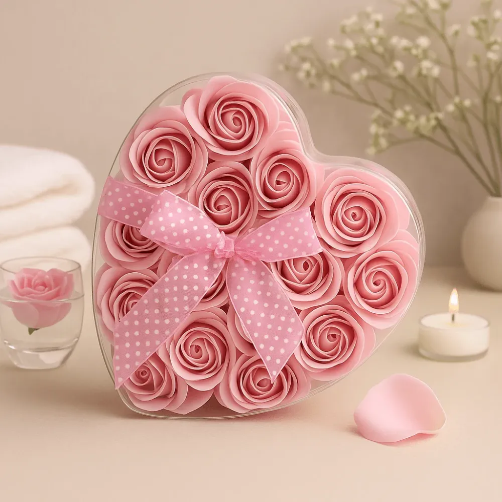 Såpe roser hjerte eske rosa 24-pakning