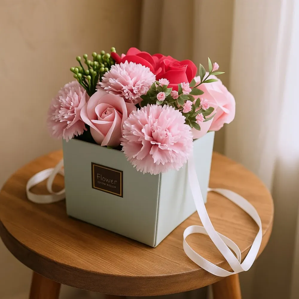 Såpeblomstbukett, rosa rose og nellik