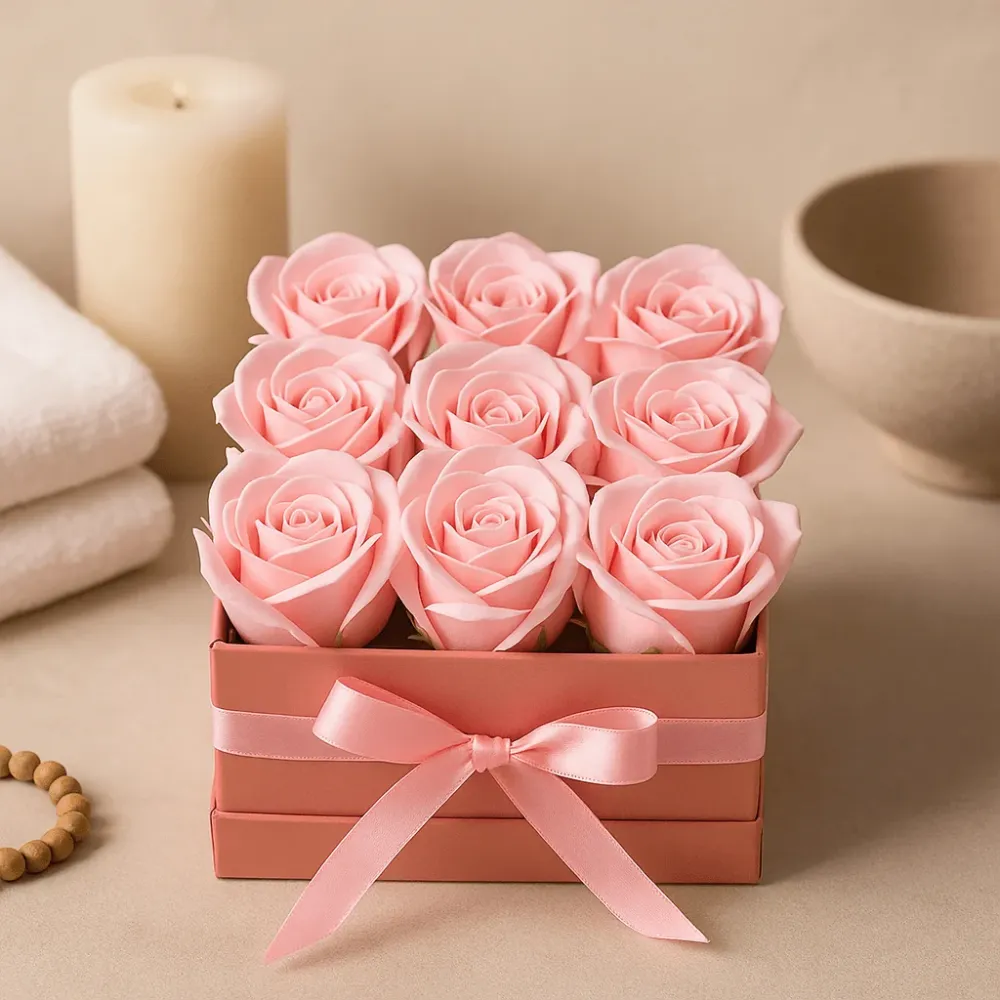 Såpeblomstbukett 9 Rosa Roser Firkantet