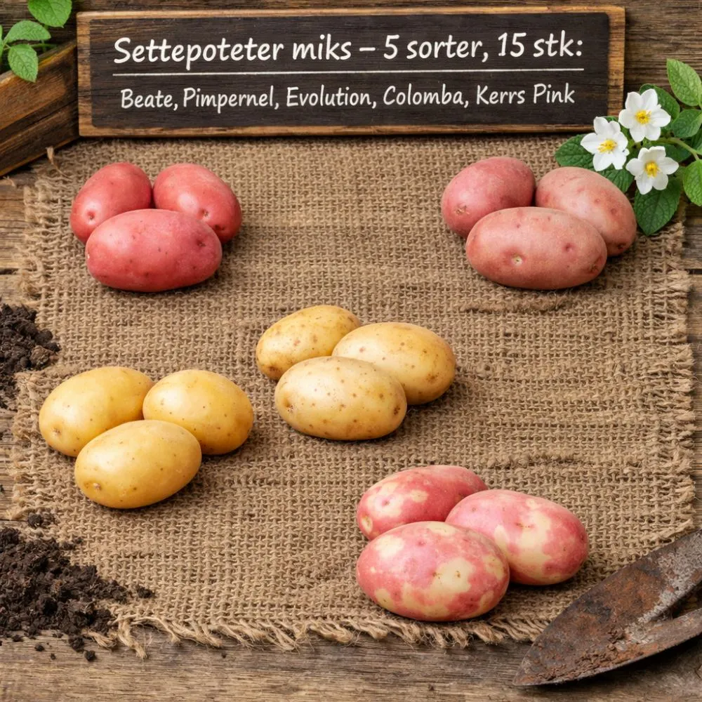 Settepoteter miks – 5 sorter, 15 stk (Beate, Pimpernel, Evolution, Colomba, Kerrs Pink)