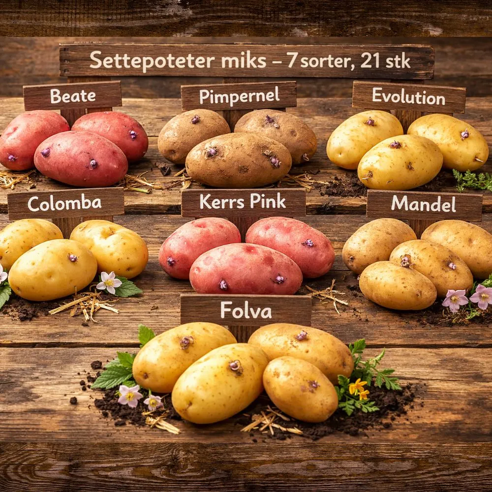 Settepoteter miks – 7 sorter, 21 stk (Beate, Pimpernel, Evolution, Colomba, Kerrs Pink, Mandel, Folva)