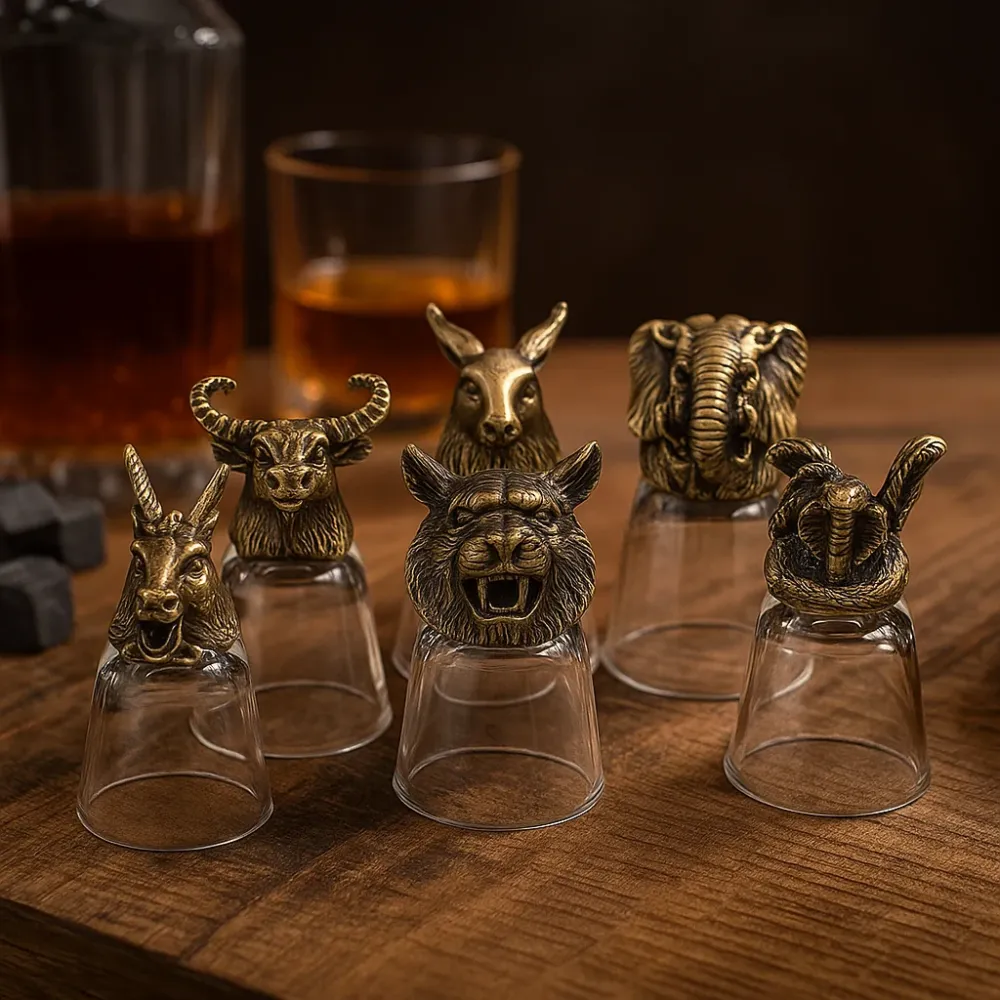Antikke bronse dyre shotglass sett 50ml (6)