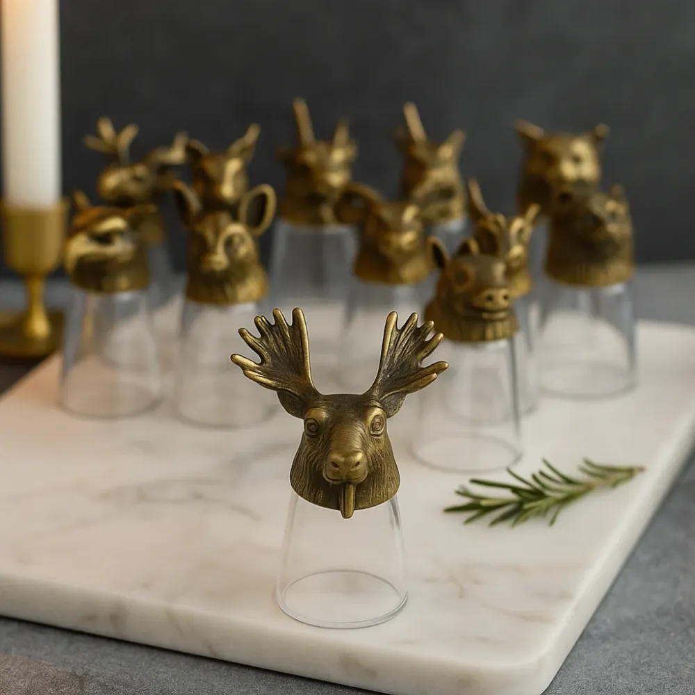 12 skogsdyr bunn-opp shotglass, antikk bronse