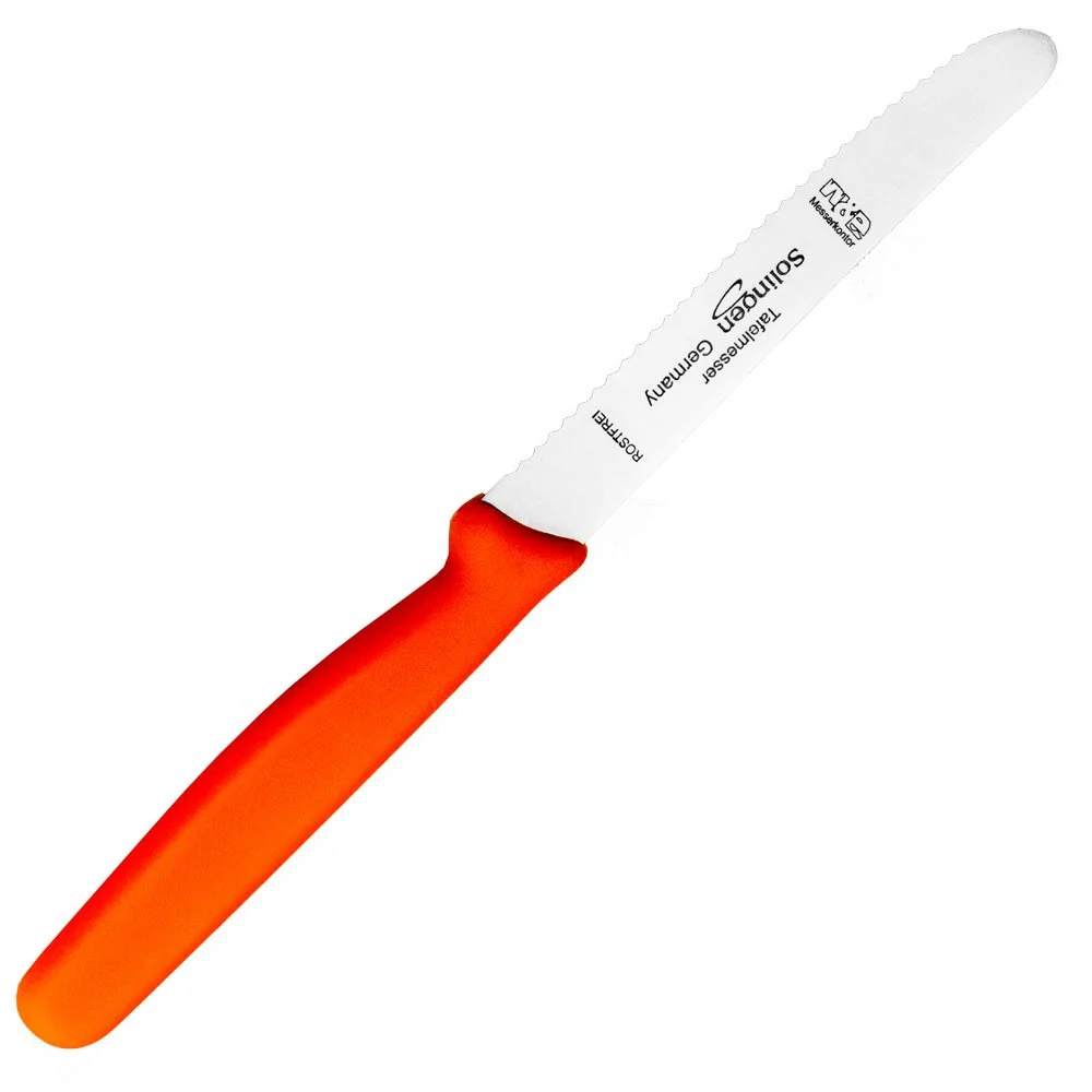 Original Solinger frokost- og bordkniv - med bølget egg - lengde: 21 cm - oransjefarget skaft - rustfritt stål