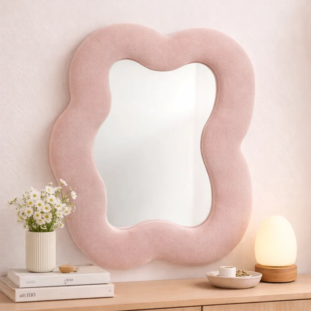 Mykt bølget speil – Firkantet stein – Rosebluss (22,5x27x2,3cm)