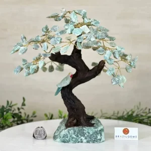 NEW / 25cm Tall Handmade Brazilian Green Quartz Gemstone Tree, Green Quartz Base Crystal Parrot Bird, 120 Raw Crystals