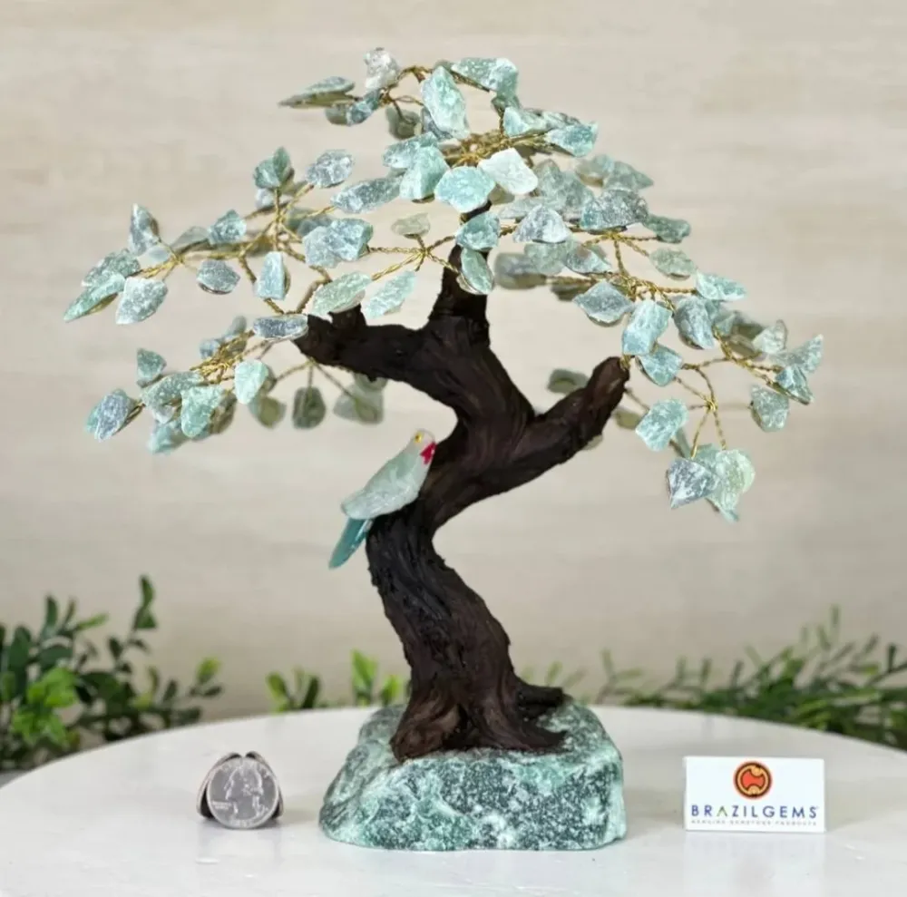 NEW / 25cm Tall Handmade Brazilian Green Quartz Gemstone Tree, Green Quartz Base Crystal Parrot Bird, 120 Raw Crystals
