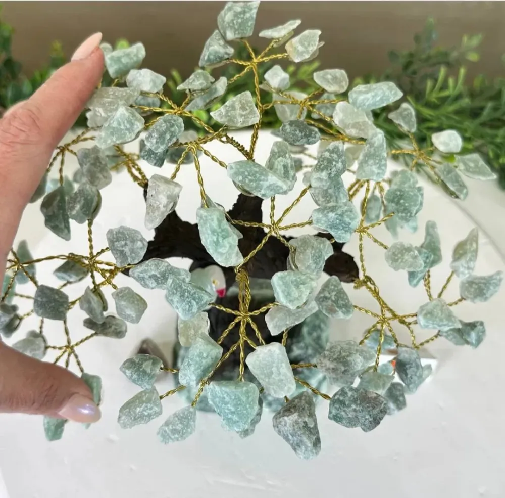 NEW / 25cm Tall Handmade Brazilian Green Quartz Gemstone Tree, Green Quartz Base Crystal Parrot Bird, 120 Raw Crystals