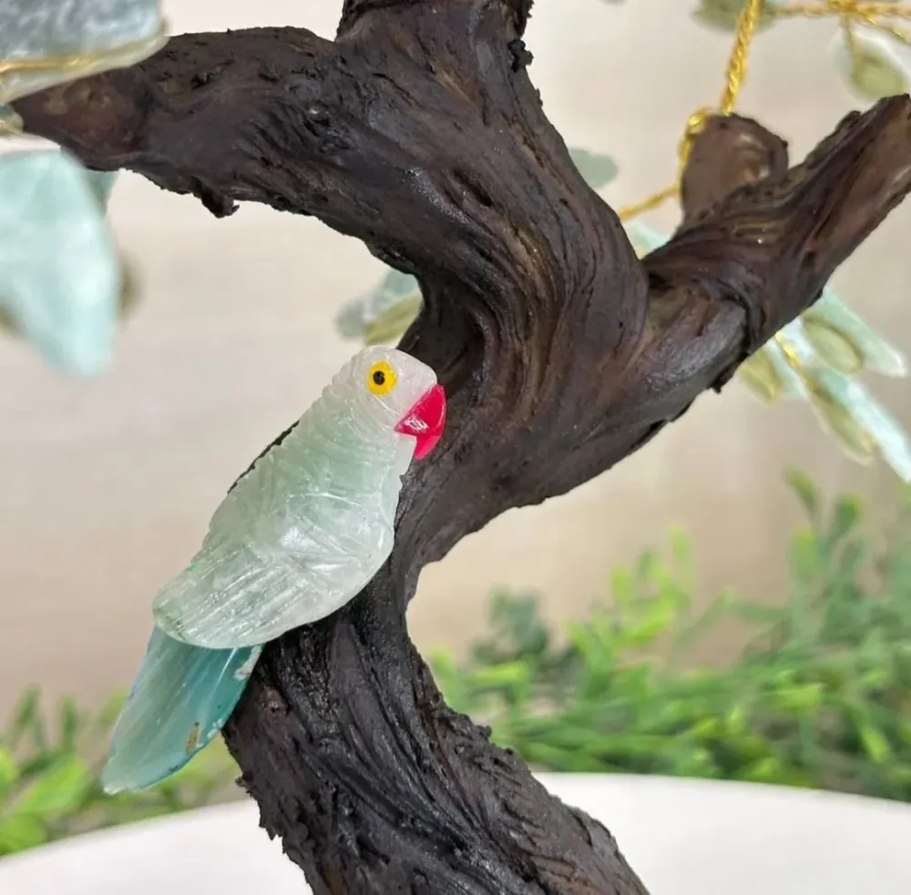 NEW / 25cm Tall Handmade Brazilian Green Quartz Gemstone Tree, Green Quartz Base Crystal Parrot Bird, 120 Raw Crystals