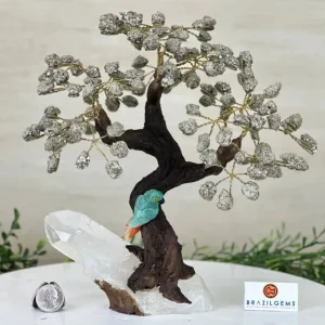 NEW / 25cm Tall Handmade Brazilian PYRITE Gemstone Tree, Quartz Base Crystal Parrot Bird - 120 Crystals