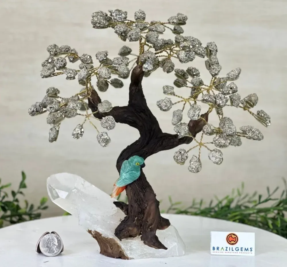 NEW / 25cm Tall Handmade Brazilian PYRITE Gemstone Tree, Quartz Base Crystal Parrot Bird - 120 Crystals