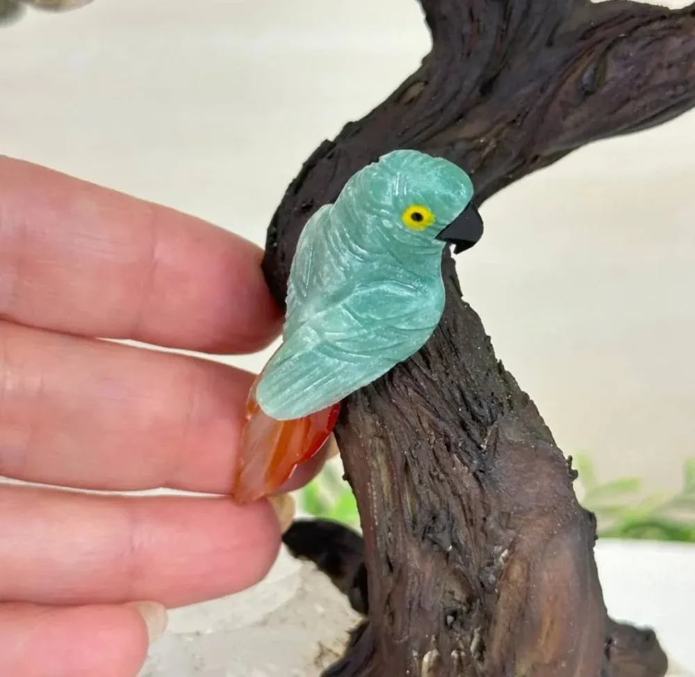 NEW / 25cm Tall Handmade Brazilian PYRITE Gemstone Tree, Quartz Base Crystal Parrot Bird - 120 Crystals