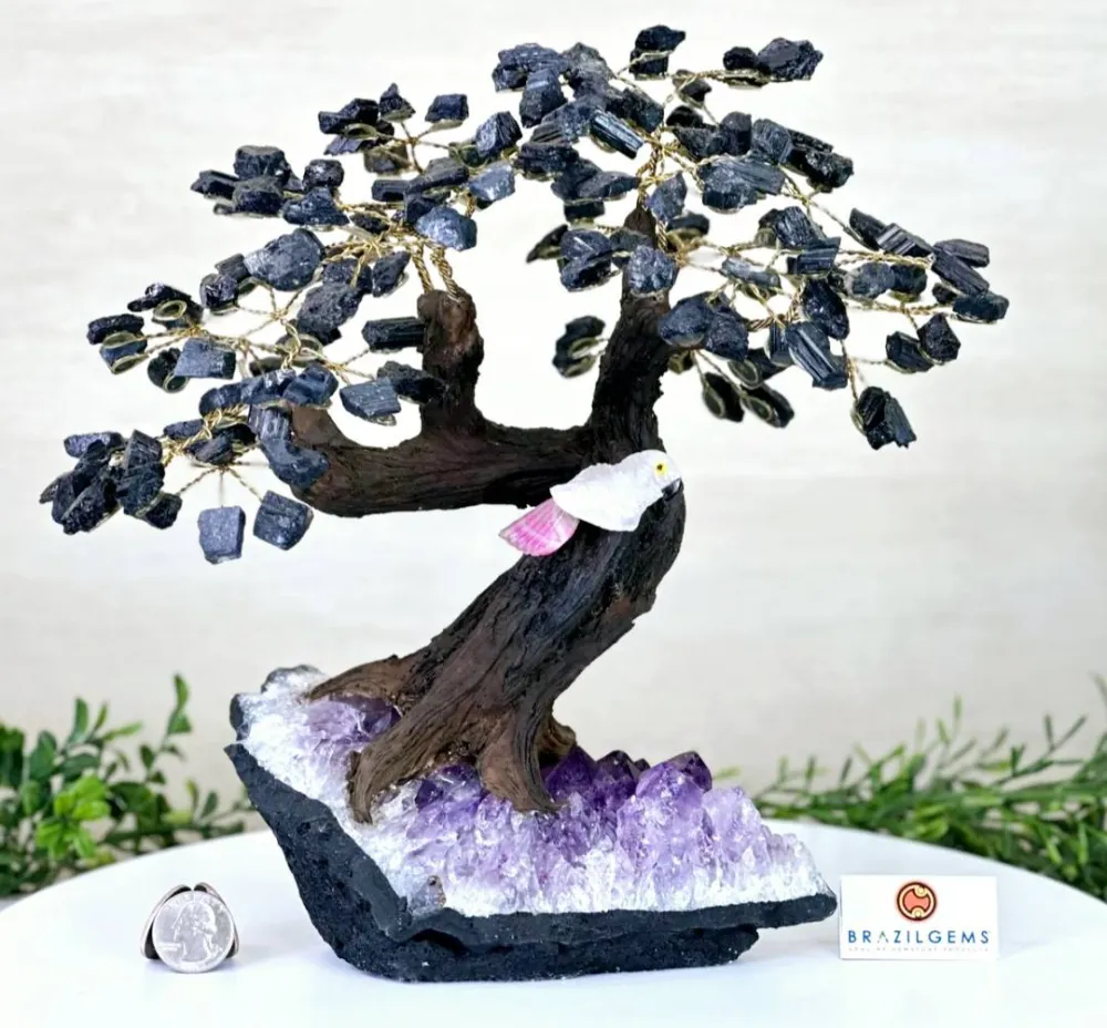 NEW / 25cm Tall Handmade Brazilian Sort Turmaline Raw Quartz Gemstone Tree, Large Ametyst Cluster Quartz Base Crystal Parr...