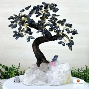 NEW / Large 35cm Tall Handmade Brazilian Black Turmaline Quartz Gemstone Tree, XLarge Clear Quartz Cluster Base Crystal Bi...