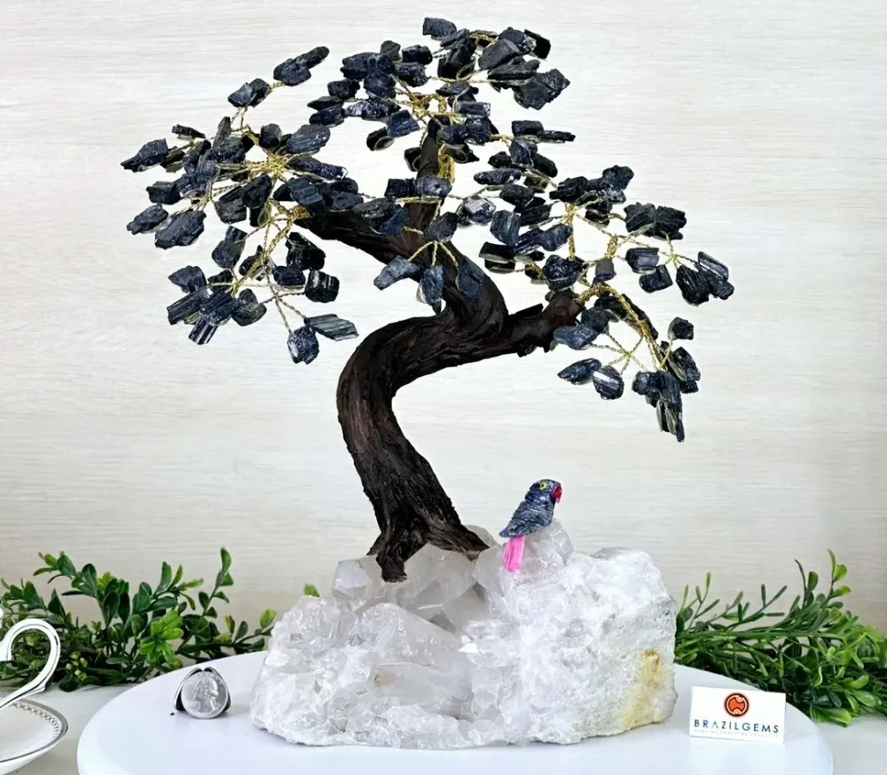 NEW / Large 35cm Tall Handmade Brazilian Black Turmaline Quartz Gemstone Tree, XLarge Clear Quartz Cluster Base Crystal Bi...
