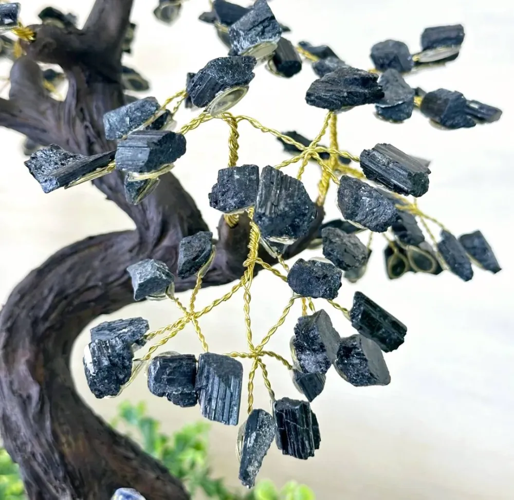NEW / Large 35cm Tall Handmade Brazilian Black Turmaline Quartz Gemstone Tree, XLarge Clear Quartz Cluster Base Crystal Bi...